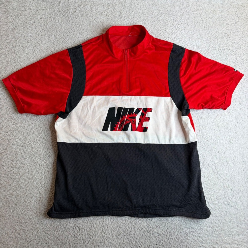 Vintage 80s Nike Cycling Jersey Red White Black Quarter Zip Bike Shirt Mens L
